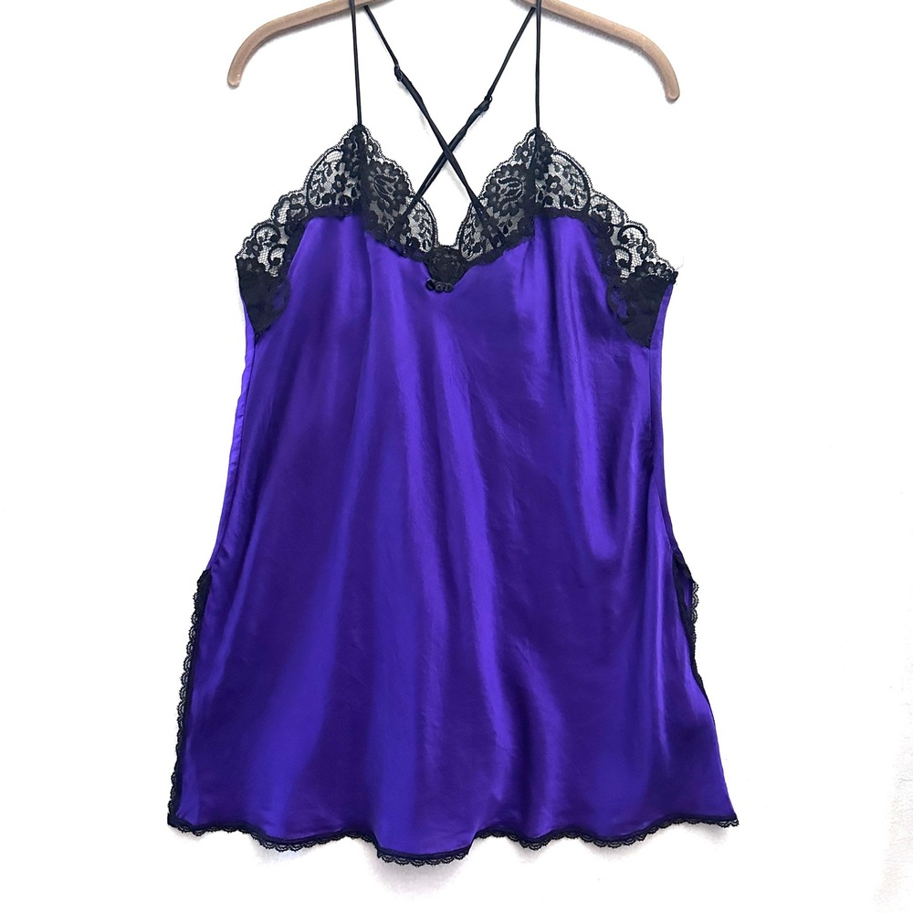 Vtg Shirley of Hollywood XL 100% Silk Lace Chemise Slip Dress Lingerie Open Back